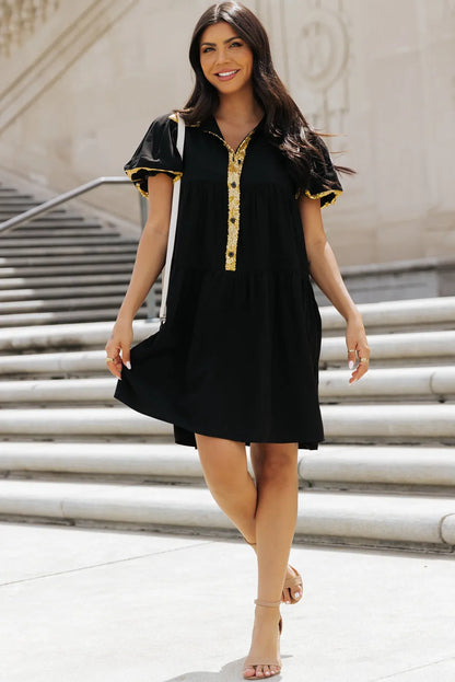 Black Sequin Trim Bubble Sleeve Game Day Shirt Dress - Chic Meadow Boutique 