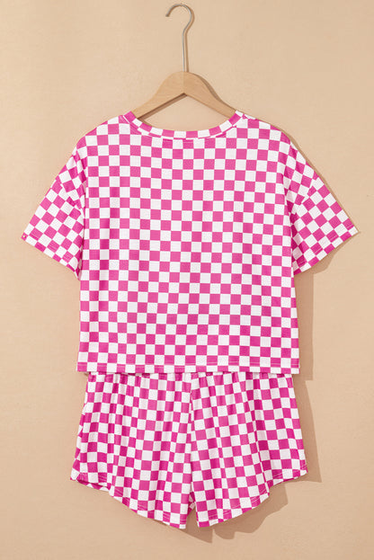 Pink Checkerboard T Shirt and High Waist Skorts 2 Piece Outfit