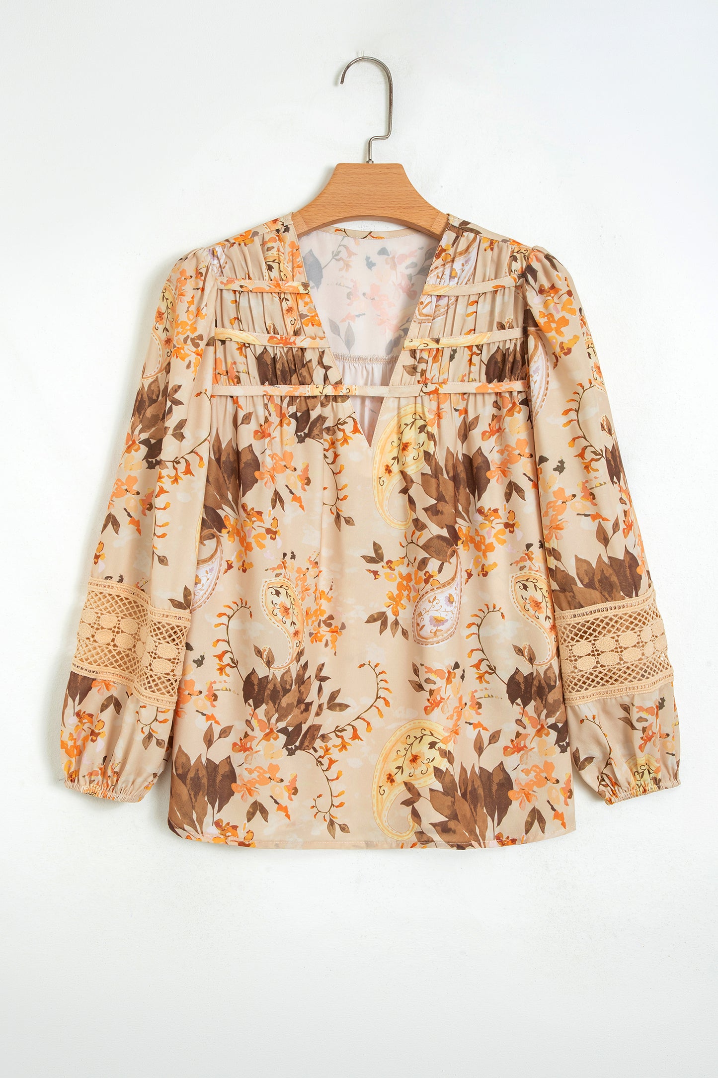 Khaki Paisley Print Decorative Binding Tape V Neck Shift Blouse