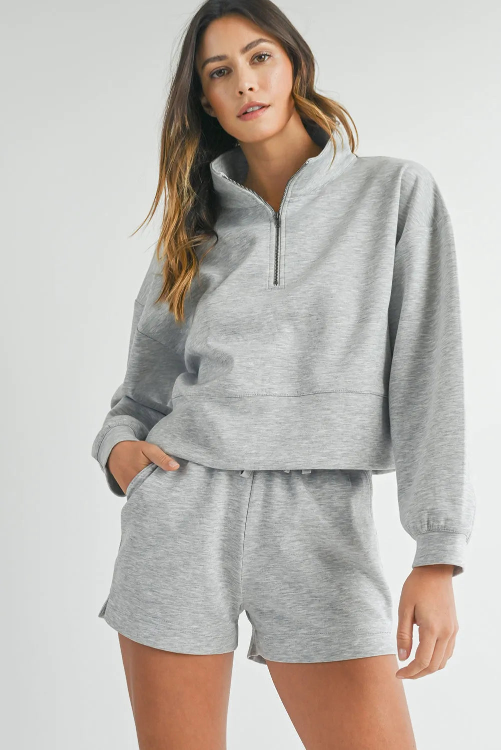 Light Grey Stand Neck Zipped Sweatshirt and Shorts Set - Chic Meadow Boutique 