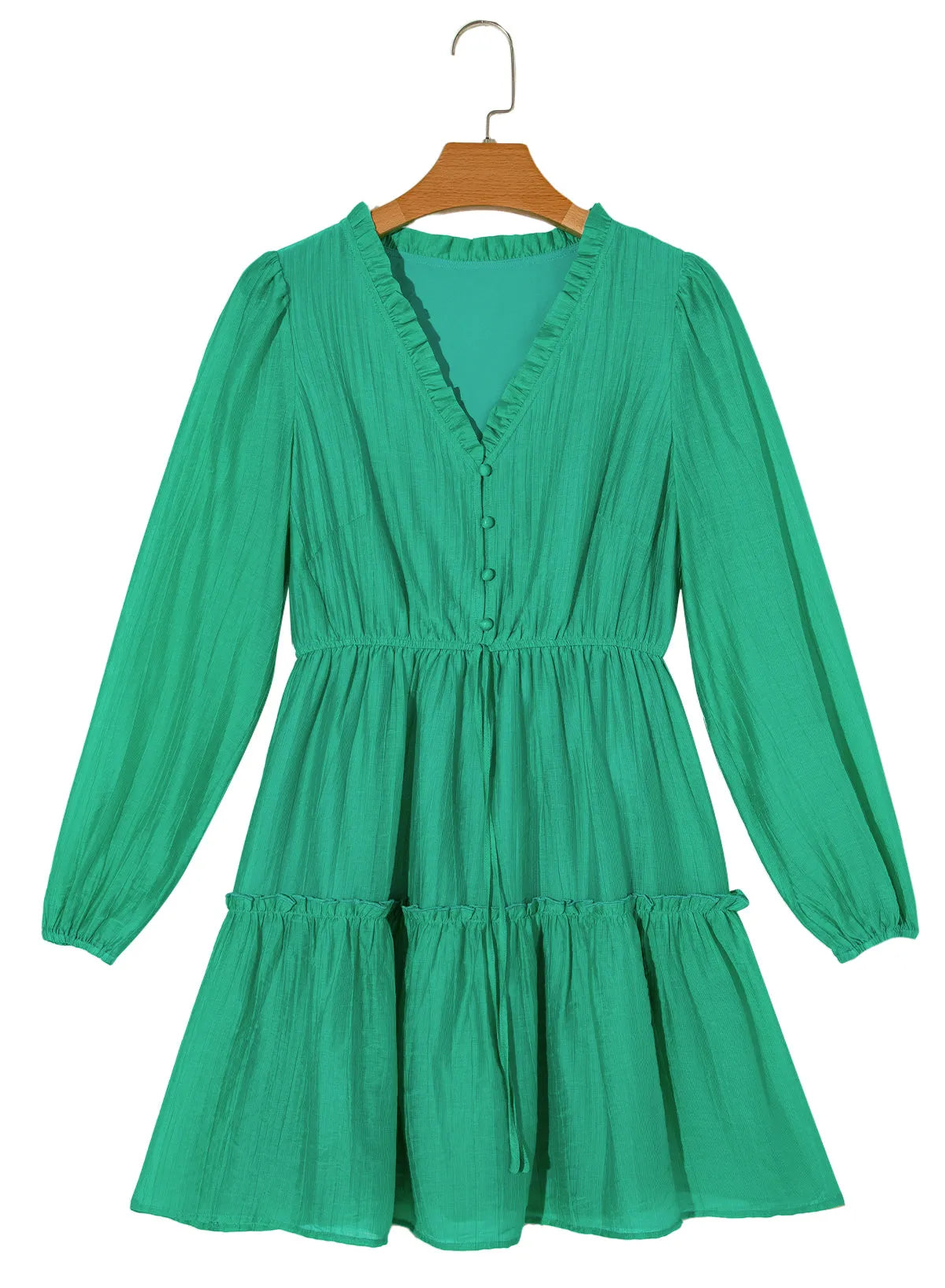 Sea Green Frilly V Neck Puff Sleeve Drawstring Shift Mini Dress - Chic Meadow Boutique 