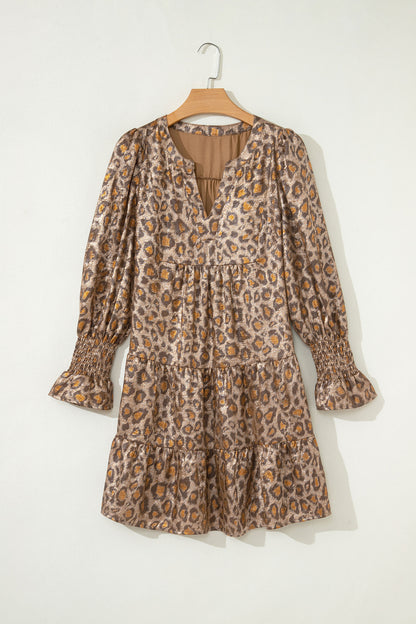 Khaki Leopard Print V Neck Ruffled Sleeve Tiered Loose Mini Dress