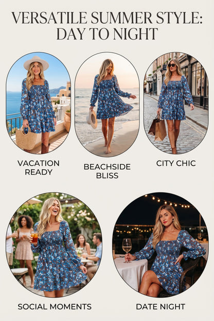 Blue Smocked Bodice High Waist Ruffled Sleeve Floral Dress