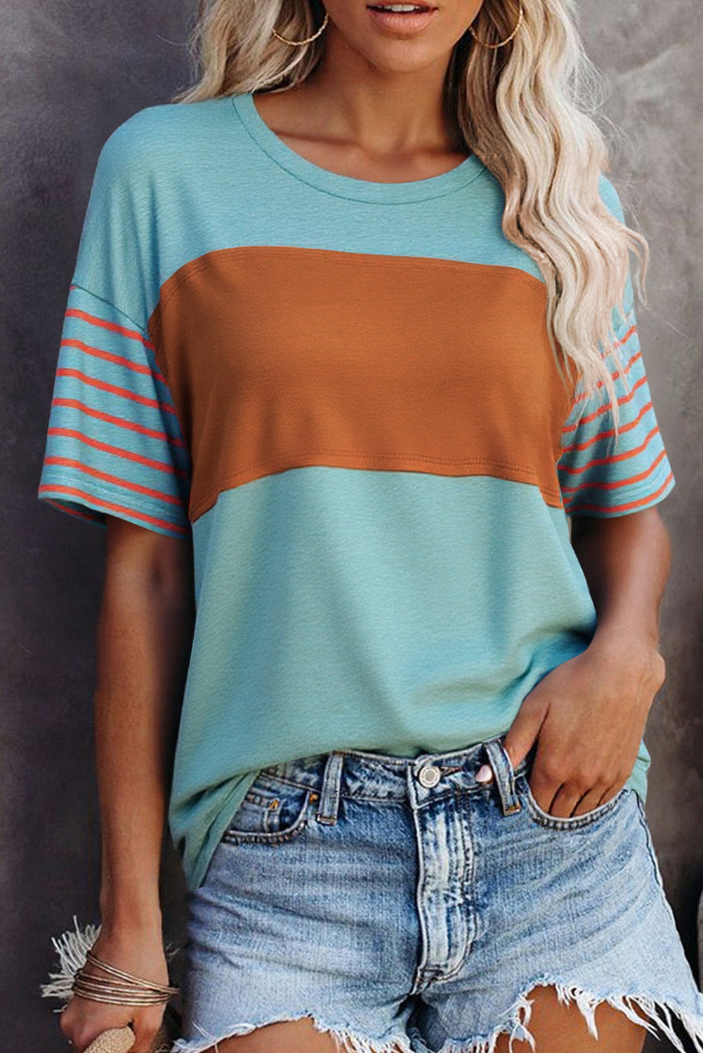 Mint Green Color Block Striped Detail Loose T Shirt