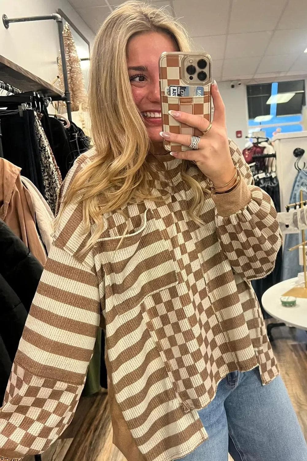 Plus Size/Plus Size Tops/Plus Size Long Sleeve Tops Khaki Striped Checkered Mixed Print Chest Pocket Casual Plus Size Top