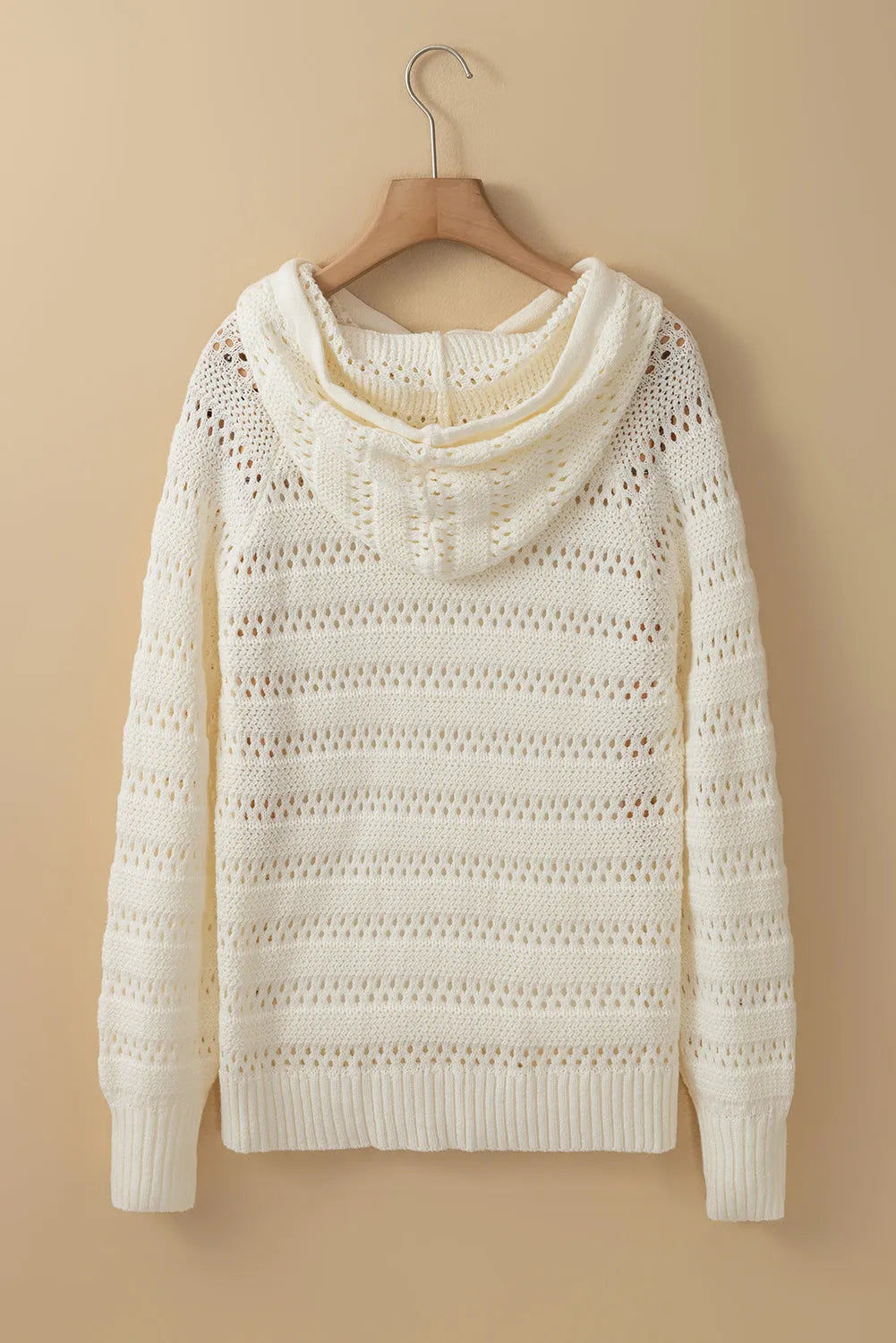 White Pointelle Knit Raglan Sleeve Hooded Sweater - Chic Meadow Boutique 