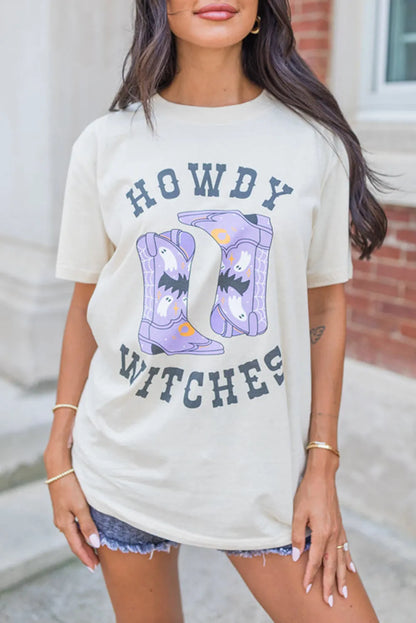 White HOWDY WITCHES Halloween Boots Crewneck T Shirt - Chic Meadow Boutique 