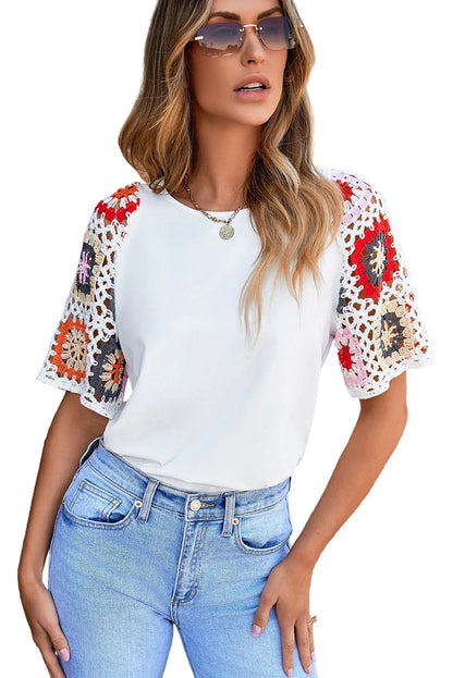 White Floral Crochet Short Sleeve Top - Chic Meadow Boutique 