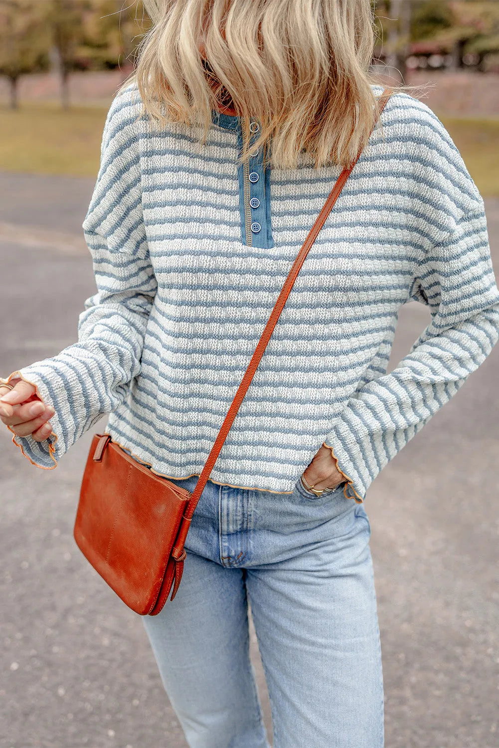 Sky Blue Stripe Textured Frilly Trim Buttons Henley Long Sleeve Top - Chic Meadow Boutique 