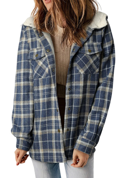 Blue Plaid Pattern Sherpa Lined Hooded Shacket - Chic Meadow Boutique 