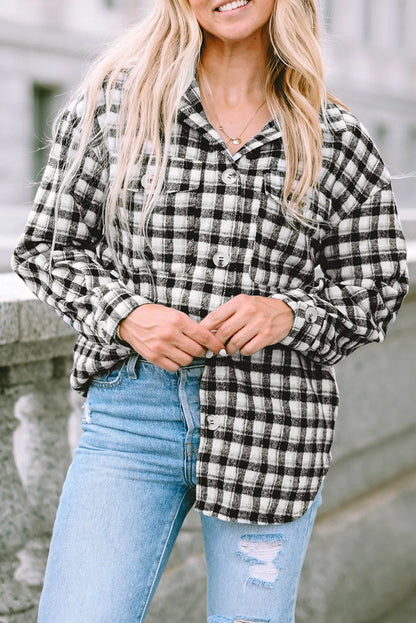 Black Plaid Print Chest Pockets Buttoned Tunic Shacket - Chic Meadow Boutique 