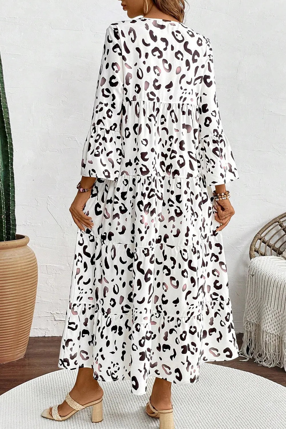 White Leopard Print Notch V Neck Loose Fit Maxi Dress - Chic Meadow Boutique 