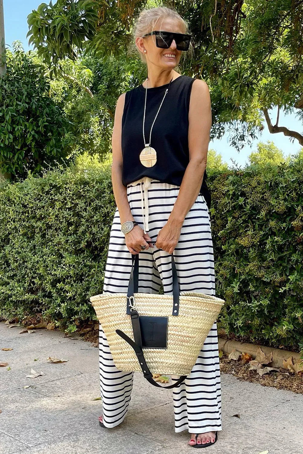 White Drawstring Striped Wide Leg Pants - Chic Meadow Boutique 