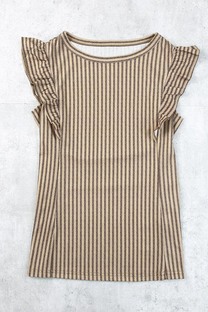 Tops/Tank Tops Khaki Striped Crew Neck Ruffled Tank Top