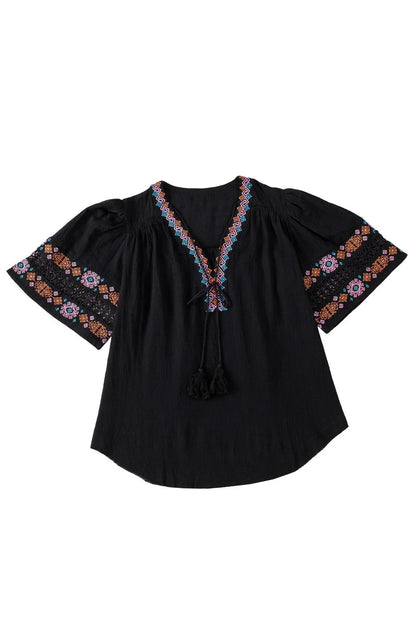 Black Tassel Drawstring Embroidered Half Sleeve V Neck Top - Chic Meadow Boutique 