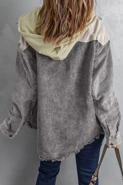 Gray Color Block Button Down Hooded Corduroy Jacket - Chic Meadow Boutique 