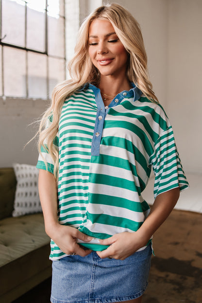 Green Stripe Colorblock Collar Half Buttons T Shirt