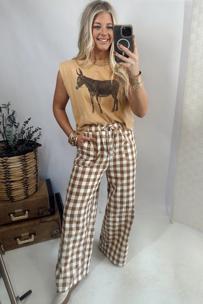 Brown Gingham Plaid Tie Elastic Waist Shift Pants
