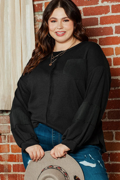 Black Plus Size Exposed Seam Crinkle Patchwork Top - Chic Meadow Boutique 