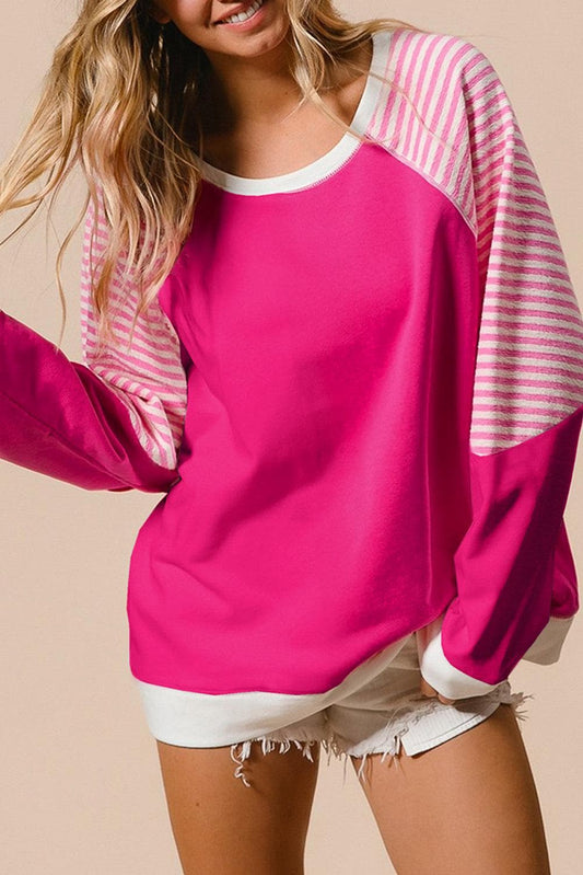 Tops/Long Sleeve Tops Strawberry Pink / S / 65%Polyester+35%Cotton Strawberry Pink Striped Patchwork Crew Neck Raglan Sleeve Top