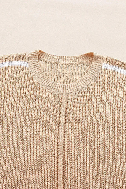 Sweaters & Cardigans/Sweaters Light French Beige Contrast Striped 3/4 Sleeve Crew Neck Sweater