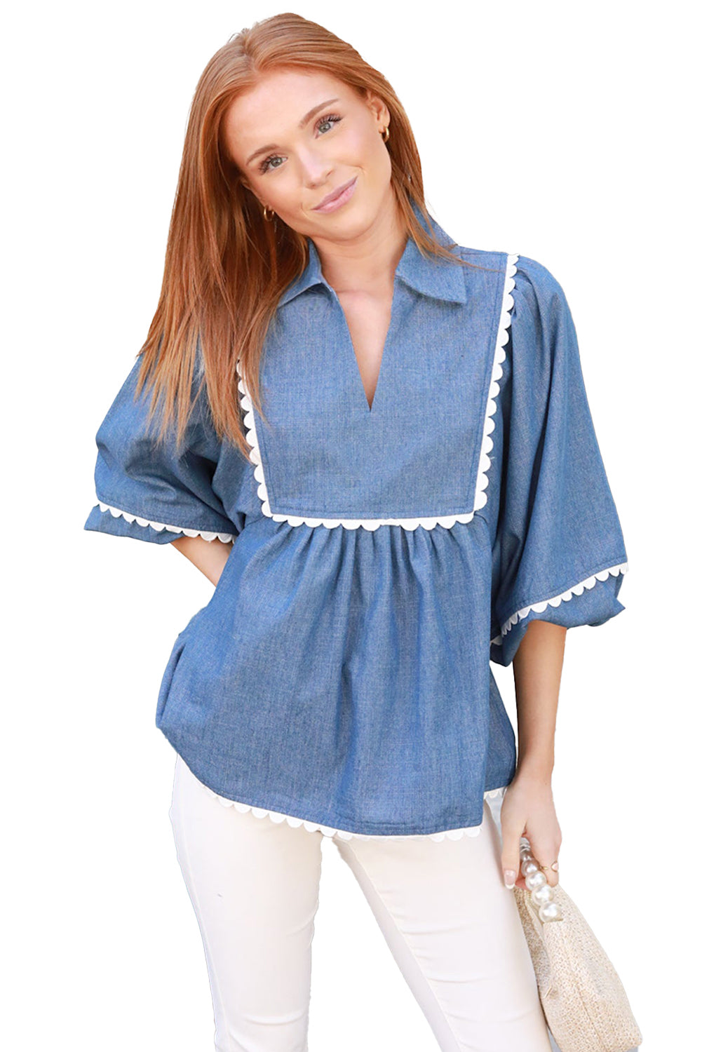 Dusk Blue Lace Ric Rac 3/4 Puff Sleeve Collared Babydoll Blouse