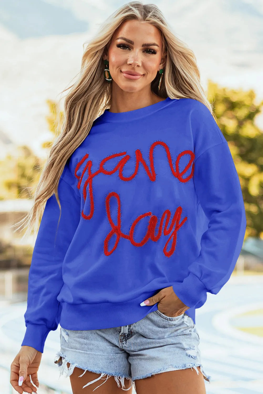 Dark Blue Tinsel Game Day Drop Shoulder Graphic Sweatshirt - Chic Meadow Boutique 