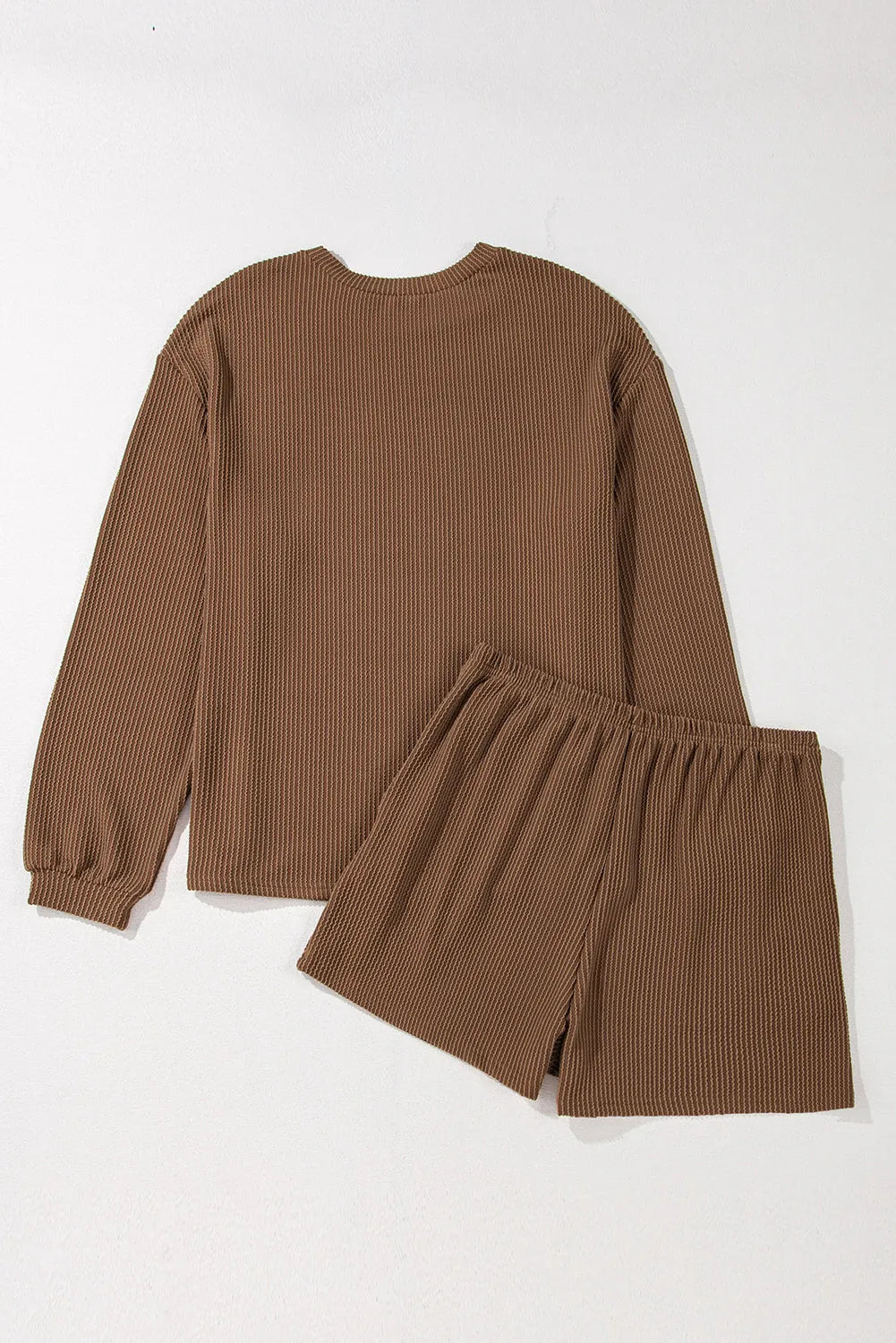 Chestnut Corded Knit Long Sleeve Top and High Waist Shorts Set - Chic Meadow Boutique 