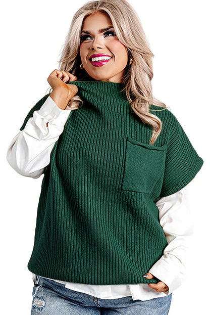 Jungle Green Plus Size Mock Neck Chest Pocket Short Sleeve Sweater - Chic Meadow Boutique 