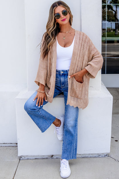Old Rose Hollowed Pattern Knit Drop Shoulder Open Sweater Cardigan