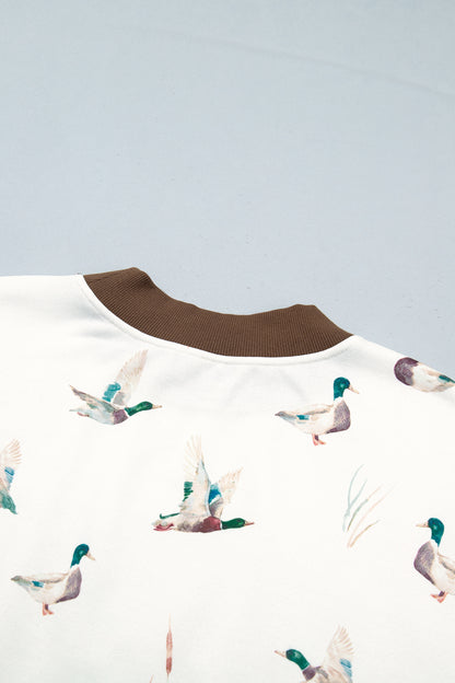 Beige Western Mallard Letter Print Baggy Pullover Sweatshirt