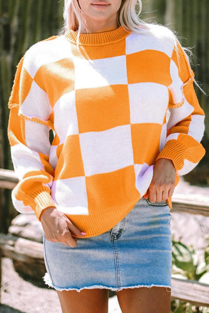 Tops/Sweaters & Cardigans Orange Checkered Bishop Sleeve Sweater