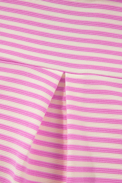 Pink Stripe Color Block Detail Split Neck Short Sleeve Blouse