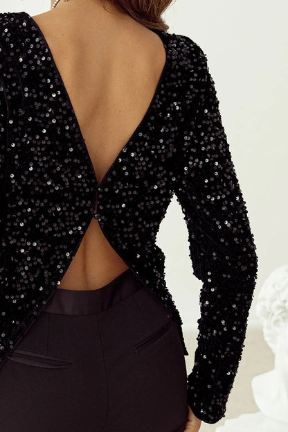 Black Sequin Long Sleeve Cutout Back Top - Chic Meadow Boutique 