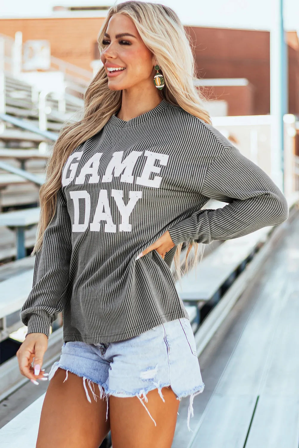 Dark Grey Corded GAME DAY Graphic Long Sleeve Crewneck Top - Chic Meadow Boutique 