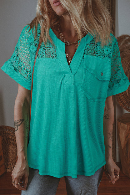 Sea Green Lace Patchwork Split Neck Textured Short Sleeve Blouse