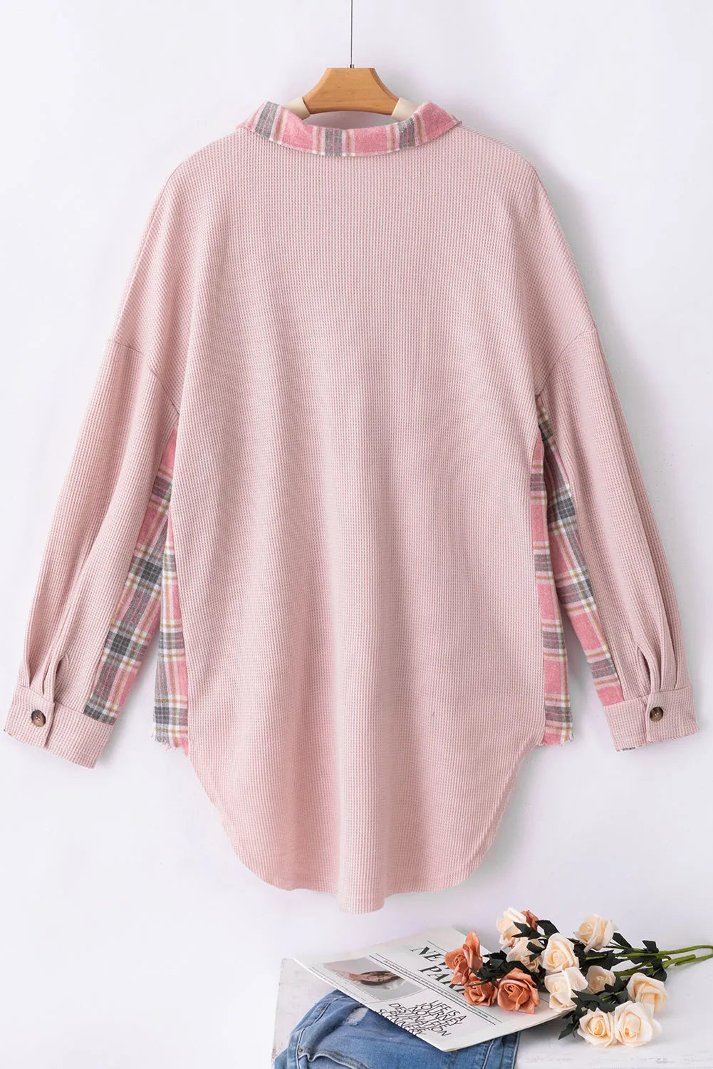 Apricot Pink Plaid Raw Edge High Low Waffle Knit Oversized Shacket - Chic Meadow Boutique 