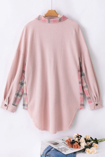 Apricot Pink Plaid Raw Edge High Low Waffle Knit Oversized Shacket - Chic Meadow Boutique 