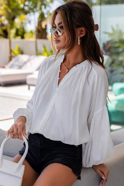 White Solid Color V Neck Balloon Sleeve Shirt - Chic Meadow Boutique 