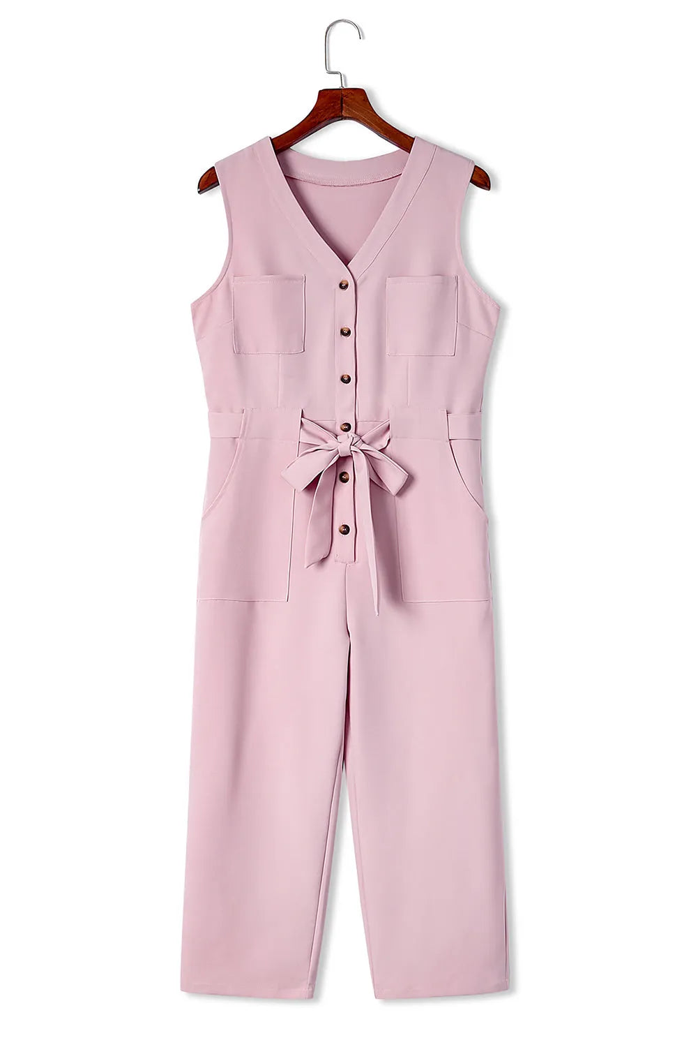 Pink Buttoned Sleeveless Cropped Jumpsuit with Sash - Chic Meadow Boutique 