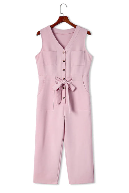 Pink Buttoned Sleeveless Cropped Jumpsuit with Sash - Chic Meadow Boutique 