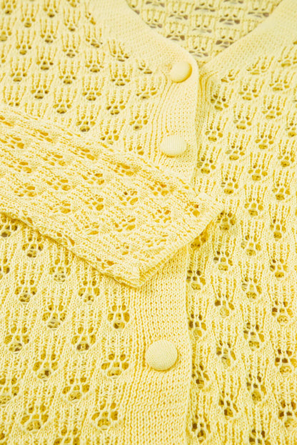 Yellow Pointelle Knit V Neck Sweater Cardigan - Chic Meadow Boutique 