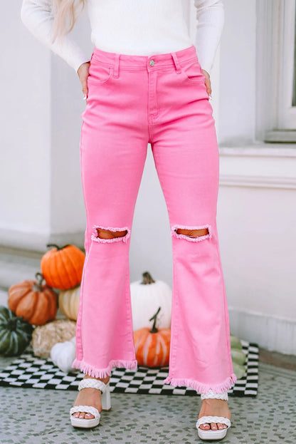 Pink Vintage High Waist Flare Leg Ripped Raw Hem Jeans - Chic Meadow Boutique 