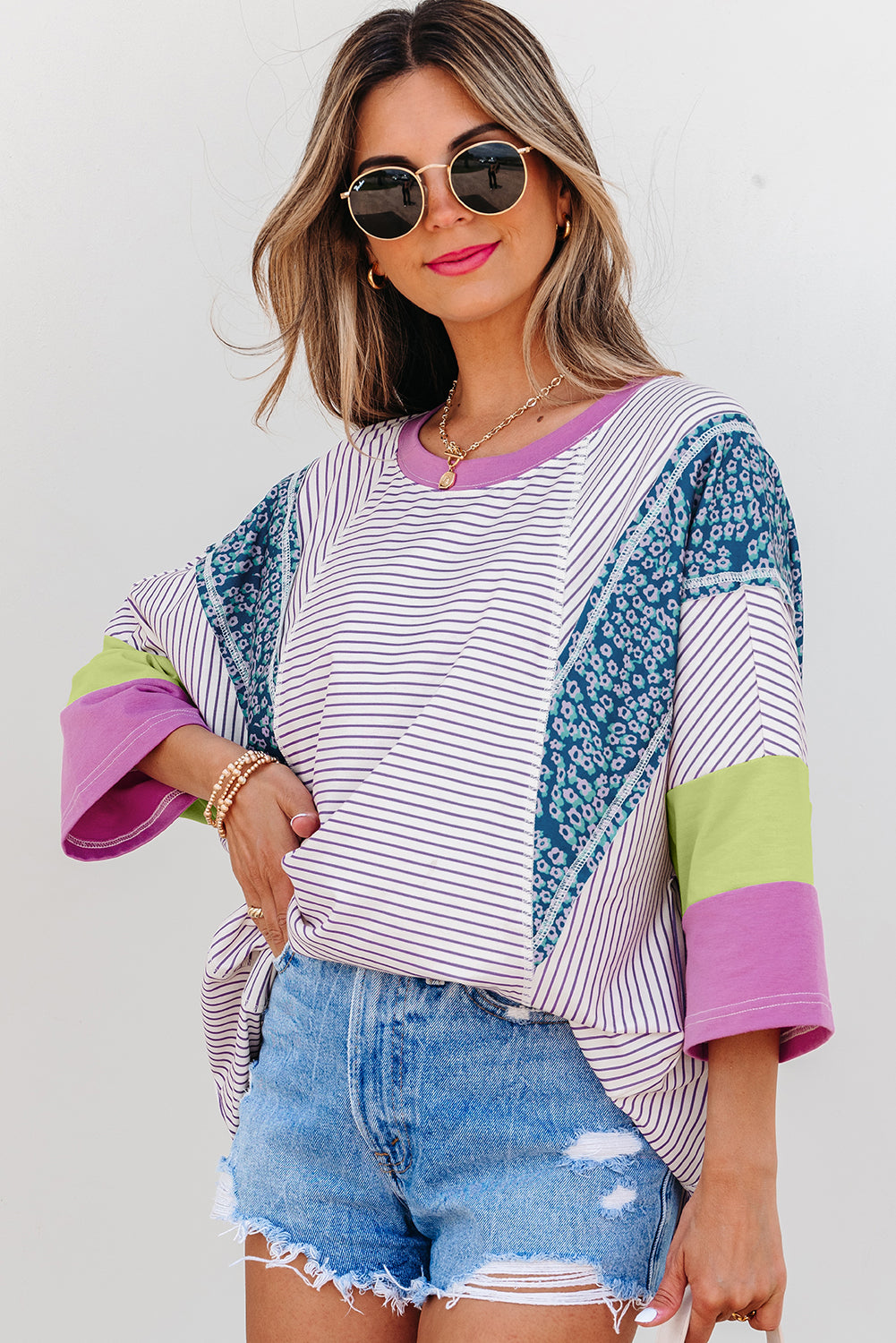 Purple Stripe Floral Color Block Raw Edge Patchwork Bracelet Sleeve Blouse