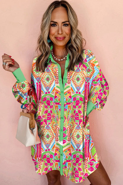 Orange Western Geometric Print Cuffed Shift Shirt Dress - Chic Meadow Boutique 