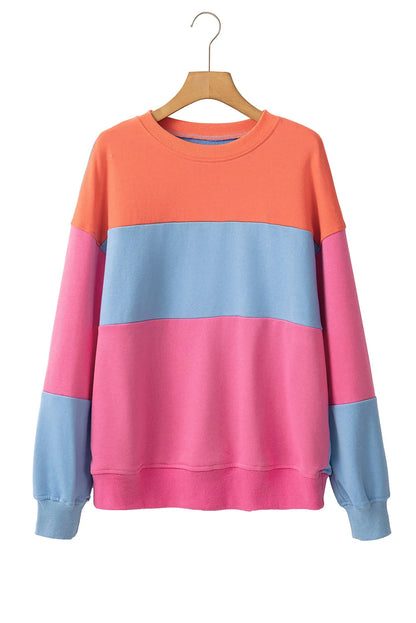 Bright Pink Colorblock Patchwork Drop Shoulder Sweatshirt - Chic Meadow Boutique 