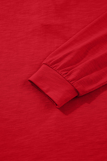 Racing Red Solid Color Button V Neck Long Sleeve Top