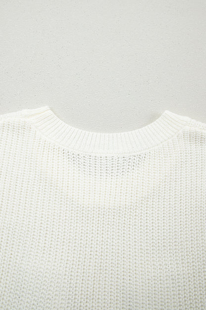 White Crochet Horseshoe Short Sleeve Knit Sweater