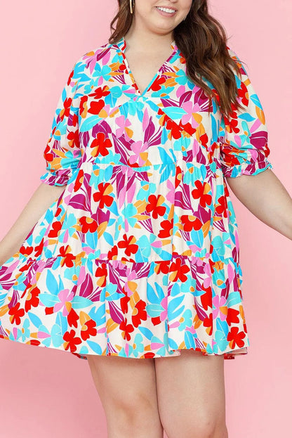 Plus Size/Plus Size Dresses/Plus Size Mini Dresses Multicolour Floral Tiered V Neck Plus Dress