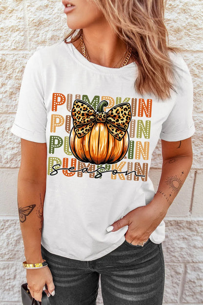 White PUMPKIN Season Leopard Bow Print Crew Neck T Shirt - Chic Meadow Boutique 